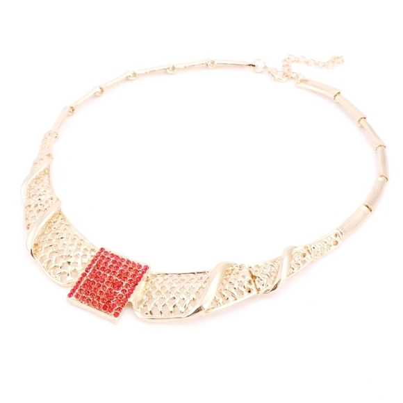 18k gold plated red crystal Necklace earrings bracelet ring set - Picture 8 of 14